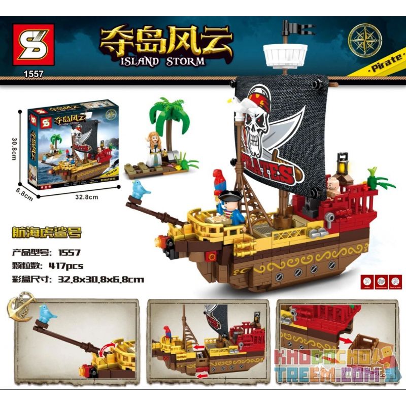 SHENG YUAN SY 1557 non  CÁ MẬP HỔ HẢI LÝ bộ đồ chơi xếp lắp ráp ghép mô hình Pirates Of The Caribbean ISLAND STORM Cướp Biển Vùng Caribe 417 khối