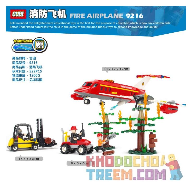 GUDI 9216 non  MÁY BAY CỨU HỎA bộ đồ chơi xếp lắp ráp ghép mô hình Fire Rescure FIREMAN FIRE AIRPLANE 522 khối