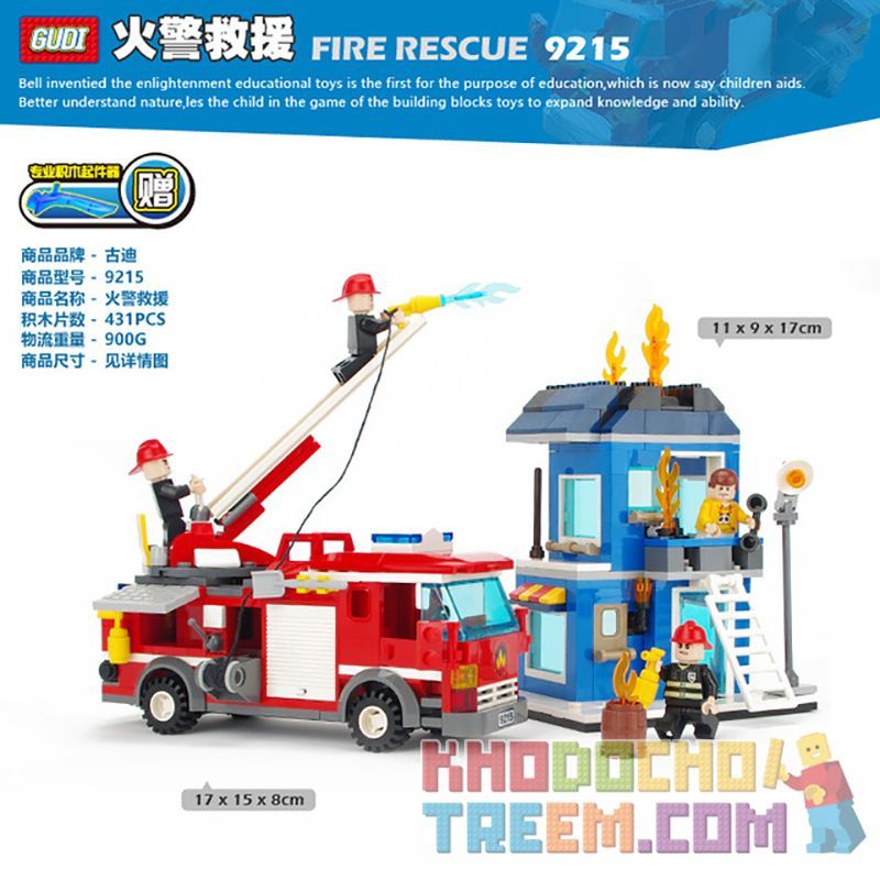 GUDI 9215 non  XE CỨU HỎA bộ đồ chơi xếp lắp ráp ghép mô hình Fire Rescure FIREMAN FIRE RESCUE 431 khối