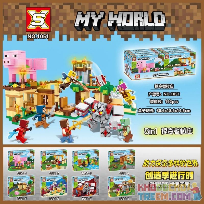 SX 1051 non  LÀNG ĂN THỊT 8IN1 bộ đồ chơi xếp lắp ráp ghép mô hình Minecraft MY WORLD Game Xây Dựng 192 khối
