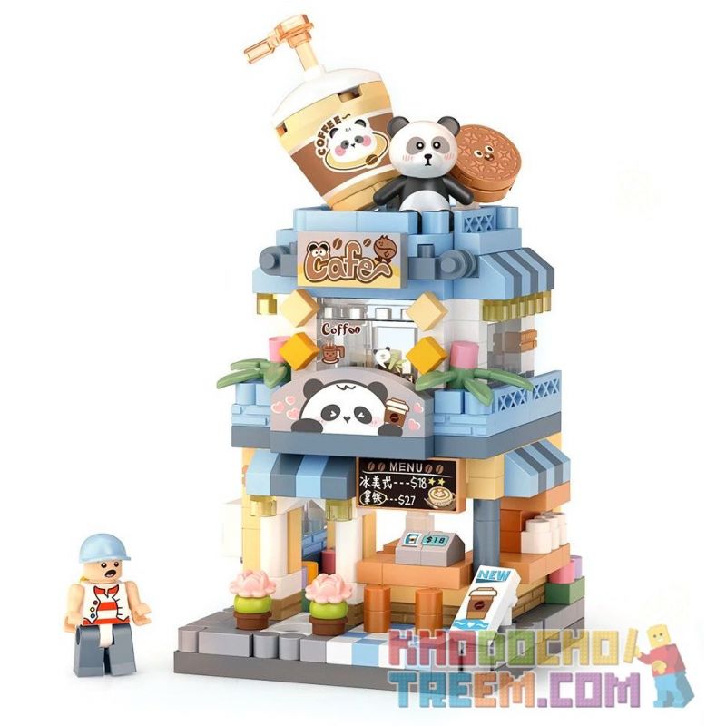 LOZ 8814 non  CHẾ ĐỘ XEM PHỐ THU NHỎ QUÁN CÀ PHÊ PANDA bộ đồ chơi xếp lắp ráp ghép mô hình PANDA CAFE