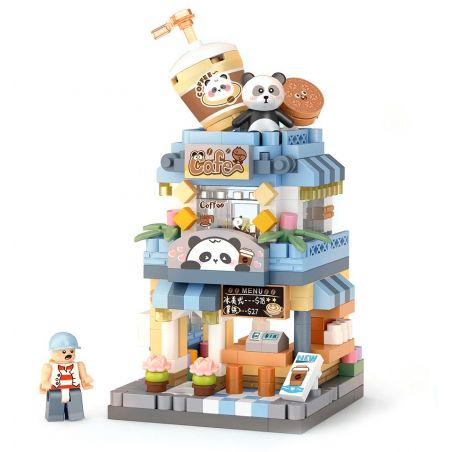 LOZ 8814 non  CHẾ ĐỘ XEM PHỐ THU NHỎ QUÁN CÀ PHÊ PANDA bộ đồ chơi xếp lắp ráp ghép mô hình PANDA CAFE
