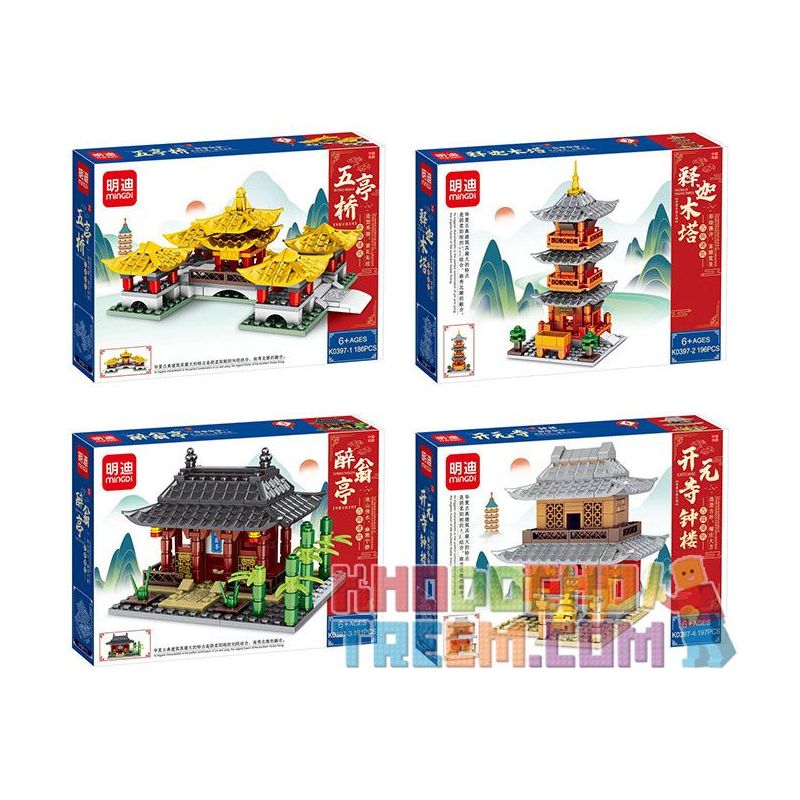 MINGDI LEIBAO K0397 0397 non  4 LOẠI CÔNG TRÌNH KIẾN ​​TRÚC CỔ CẦU WUTING CHÙA THÍCH CA MÂU NI DRUNKARD PAVILION THÁP CHUÔNG KHAI NGUYÊN bộ đồ chơi xếp lắp ráp ghép mô hình Architecture Công Trình Kiến Trúc 770 khối