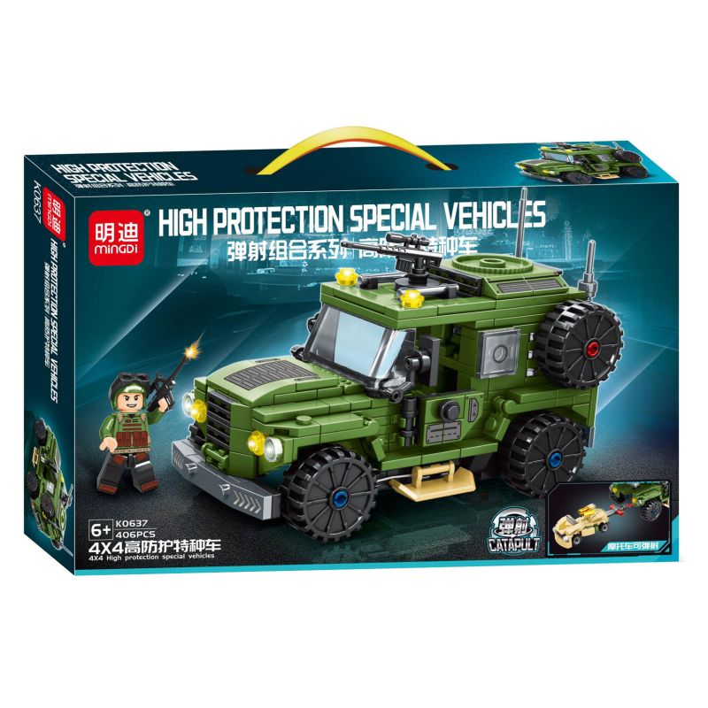 MINGDI LEIBAO K0637 0637 non  TỔ HỢP PHÓNG XE ĐẶC BIỆT BẢO VỆ CAO 4X4 bộ đồ chơi xếp lắp ráp ghép mô hình Military Army 4X4 HIGH PROTECTION SPECIAL VEHICLES Quân Sự Bộ Đội 406 khối