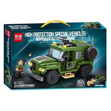 MINGDI LEIBAO K0637 0637 non  TỔ HỢP PHÓNG XE ĐẶC BIỆT BẢO VỆ CAO 4X4 bộ đồ chơi xếp lắp ráp ghép mô hình Military Army 4X4 HIGH PROTECTION SPECIAL VEHICLES Quân Sự Bộ Đội 406 khối