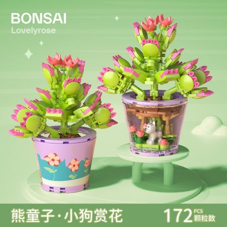 MANGE TECHNOLOGY 9135 non  CHẬU CÂY DỄ THƯƠNG CẬU BÉ GẤU CHÚ CHÓ CON ĐANG THƯỞNG HOA bộ đồ chơi xếp lắp ráp ghép mô hình Creator BONSAI Sáng Tạo 172 khối