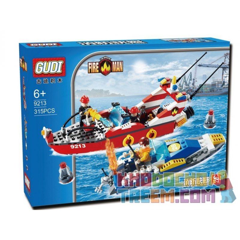 GUDI 9213 non  XUỒNG CỨU HỎA CHỮA CHÁY CANO bộ đồ chơi xếp lắp ráp ghép mô hình City FIREMAN THE WATER SPRAY BOAT Thành Phố 315 khối