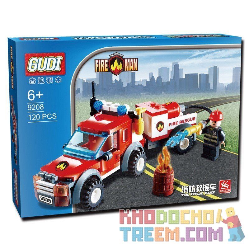 GUDI 9208 non  XE BÁN TẢI CỨU HỎA bộ đồ chơi xếp lắp ráp ghép mô hình City FIREMAN FIRE RESCUE TRUCK Thành Phố 122 khối
