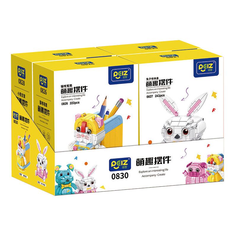 PEIZ 0830 non  4 MÓN ĐỒ TRANG TRÍ BÀN LÀM VIỆC VĂN PHÒNG DỄ THƯƠNG HỘP ĐỰNG BÚT MÈO THỎ GIÁ ĐỠ GẤU HEO ĐẤT bộ đồ chơi xếp lắp ráp ghép mô hình 944 khối