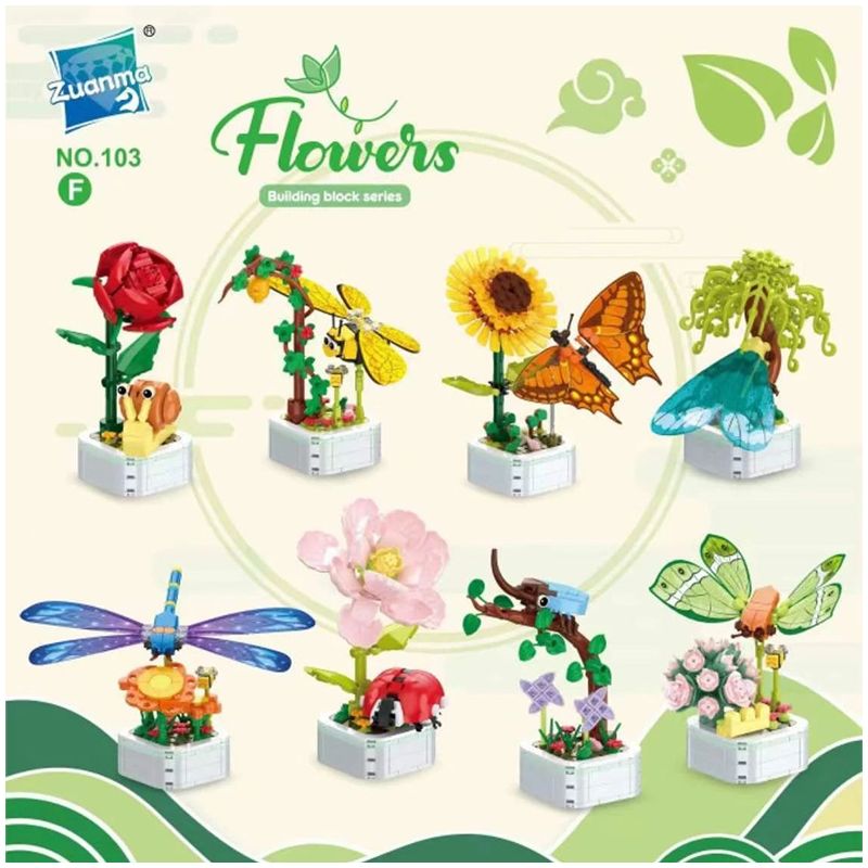 ZUANMA 103F non  8 LOẠI CHẬU TRỒNG CÔN TRÙNG ỐC SÊN ONG BƯỚM VE SẦU CHUỒN BỌ RÙA TÊ GIÁC bộ đồ chơi xếp lắp ráp ghép mô hình Flowers Hoa 1626 khối