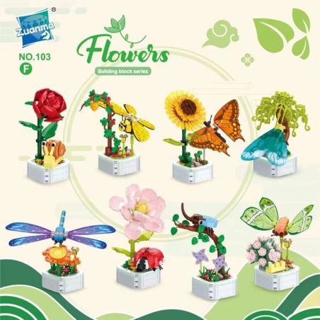 ZUANMA 103F non  8 LOẠI CHẬU TRỒNG CÔN TRÙNG ỐC SÊN ONG BƯỚM VE SẦU CHUỒN BỌ RÙA TÊ GIÁC bộ đồ chơi xếp lắp ráp ghép mô hình Flowers Hoa 1626 khối
