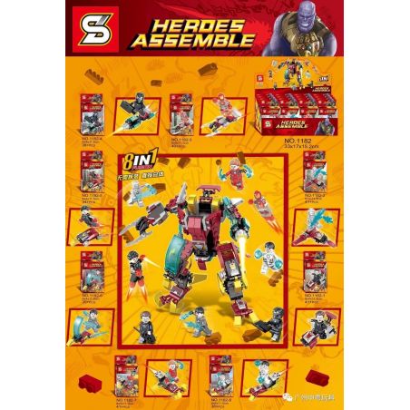 SY 1182 non  SIÊU ANH HÙNG IRON MAN STARK MINIFIGURE 8 LOẠI MECHA KẾT HỢP bộ đồ chơi xếp lắp ráp ghép mô hình Super Heroes HEROES ASSEMBLE Siêu Nhân Anh Hùng 308 khối