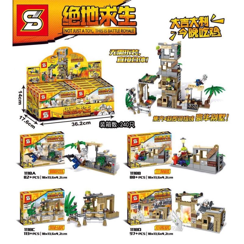 SY 1118A 1118B 1118C 1118D non  PLAYERUNKNOWN'S BATTLEGROUNDS ĐẢO DỪA TÒA NHÀ HÌNH TAM GIÁC PHÒNG CÓ BAN CÔNG KHO NHỎ bộ đồ chơi xếp lắp ráp ghép mô hình Pubg Battlegrounds Bắn Súng 380 khối