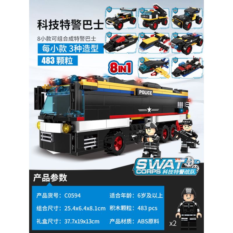 WOMA C0594 0594 non  CÔNG NGHỆ XE BUÝT SWAT bộ đồ chơi xếp lắp ráp ghép mô hình City SWAT CORPS Thành Phố 483 khối