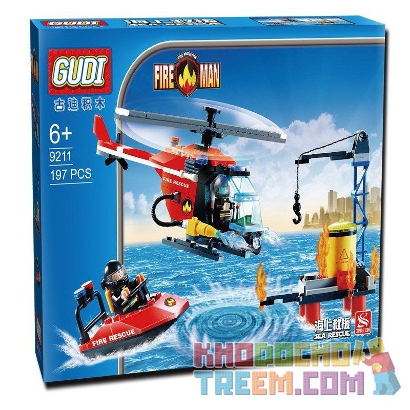 GUDI 9211 non  TRỰC THĂNG CA NÔ CỨU HỎA GIÀN KHOAN DẦU bộ đồ chơi xếp lắp ráp ghép mô hình City FIREMAN SEA RESCUE Thành Phố 197 khối