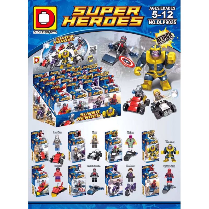 DUO LE PIN DLP9035 9035 non  ANH HÙNG SIÊU 8. bộ đồ chơi xếp lắp ráp ghép mô hình Super Heroes Siêu Nhân Anh Hùng