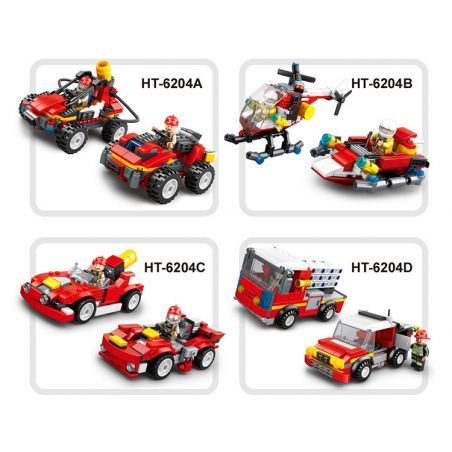 HENGTAI 6204 non  LỰC LƯỢNG CỨU HỘ 4 TỔ HỢP XE MỌI ĐỊA HÌNH TRỰC THĂNG HỖ TRỢ TỐC ĐỘ CỰC CAO SÚNG NƯỚC ÁP THANG CHỮA CHÁY bộ đồ chơi xếp lắp ráp ghép mô hình Fire Rescure Cứu Hỏa 657 khối