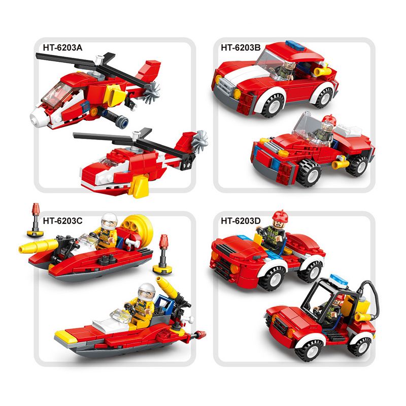 HENGTAI 6203 non  LỰC LƯỢNG CỨU NẠN HỘ 4 LIÊN HỢP TRỰC THĂNG KHU VỰC XE CHỈ HUY CHỮA CHÁY THUYỀN BỌT ĐA NĂNG bộ đồ chơi xếp lắp ráp ghép mô hình Fire Rescure Cứu Hỏa 436 khối