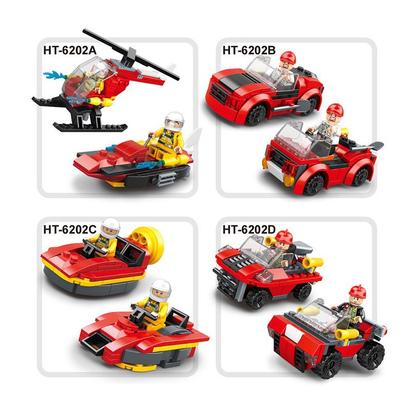 HENGTAI 6202 non  LỰC LƯỢNG CỨU HỘ 4 TỔ HỢP TRỰC THĂNG CHỮA CHÁY XE TUẦN TRA THỦY PHI CƠ BỌT bộ đồ chơi xếp lắp ráp ghép mô hình Fire Rescure Cứu Hỏa 304 khối