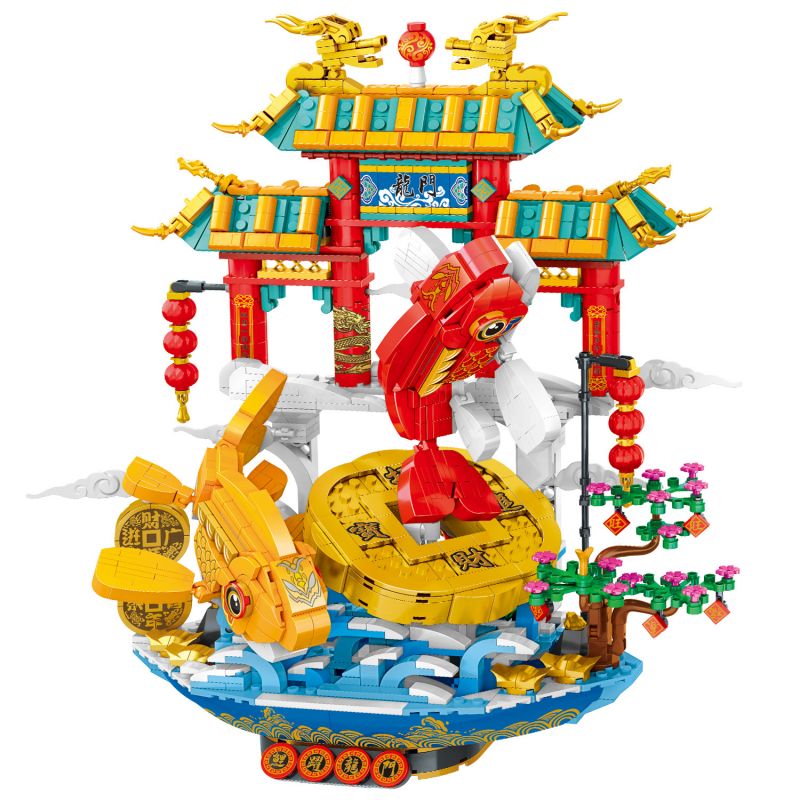 SX 7039 non  NHẢY QUA CỔNG RỒNG bộ đồ chơi xếp lắp ráp ghép mô hình Chinese Traditional Festivals CARP JUMPING DRAGON GATE Lễ Hội Cổ Truyền 1241 khối