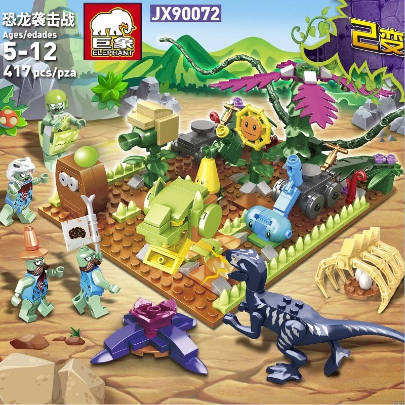 ELEPHANT JX90072 90072 non  KHỦNG LONG TẤN CÔNG bộ đồ chơi xếp lắp ráp ghép mô hình Plants Vs Zombies Hoa Quả Nổi Giận 417 khối
