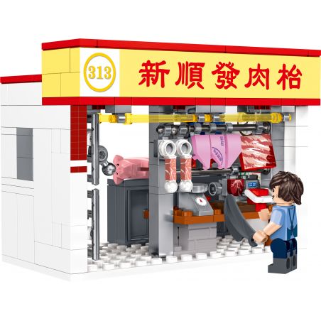 ROYAL TOYS RT35 non  GIAN HÀNG THỊT LỢN CHỢ HỒNG KÔNG bộ đồ chơi xếp lắp ráp ghép mô hình City CITY STORY MARKET PORK STALL Thành Phố 168 khối